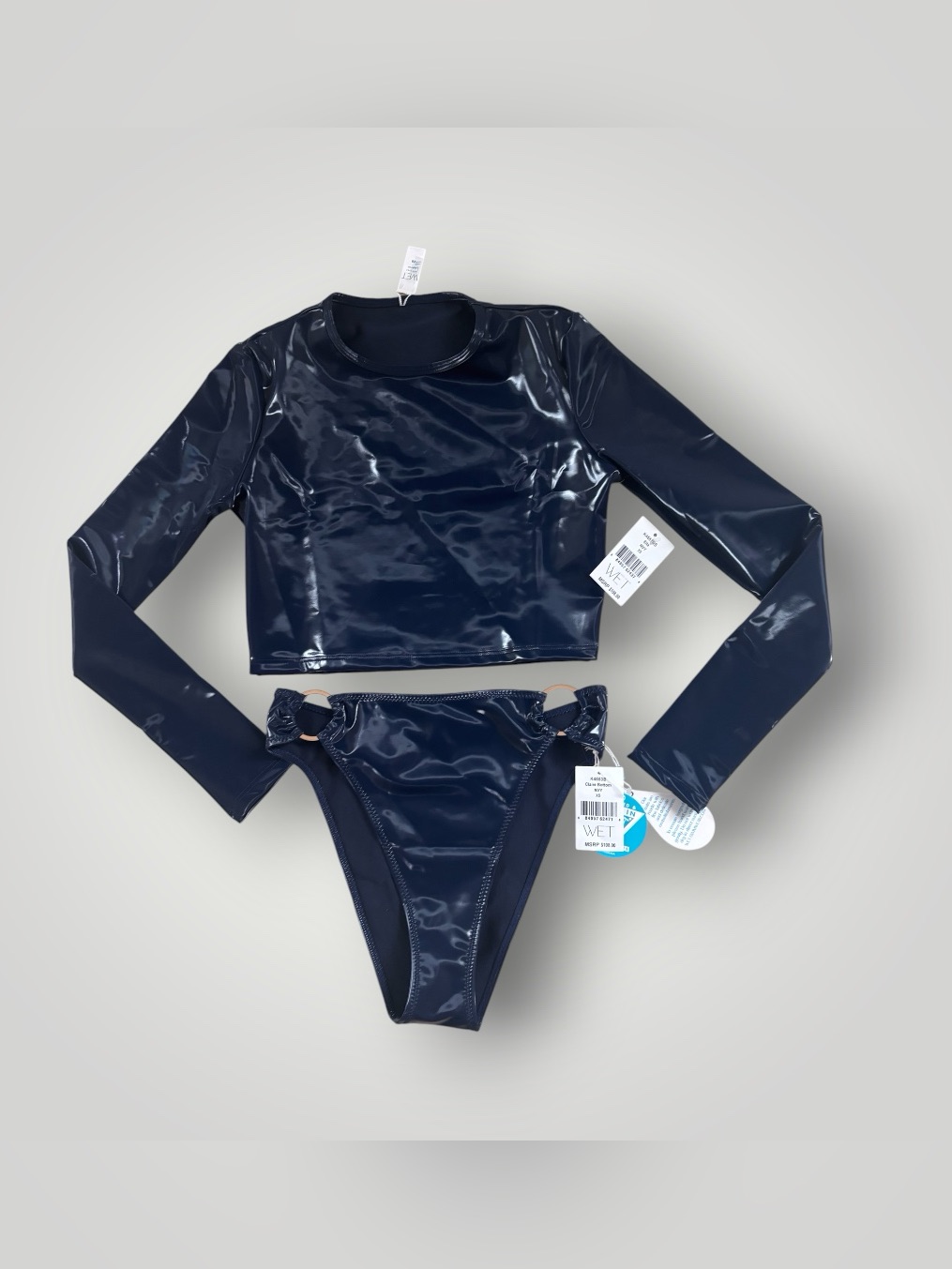 Wet Swimwear Vinyl Long-Sleeve Crop Top Matching High-Cut Bikini Bottom Set Xs